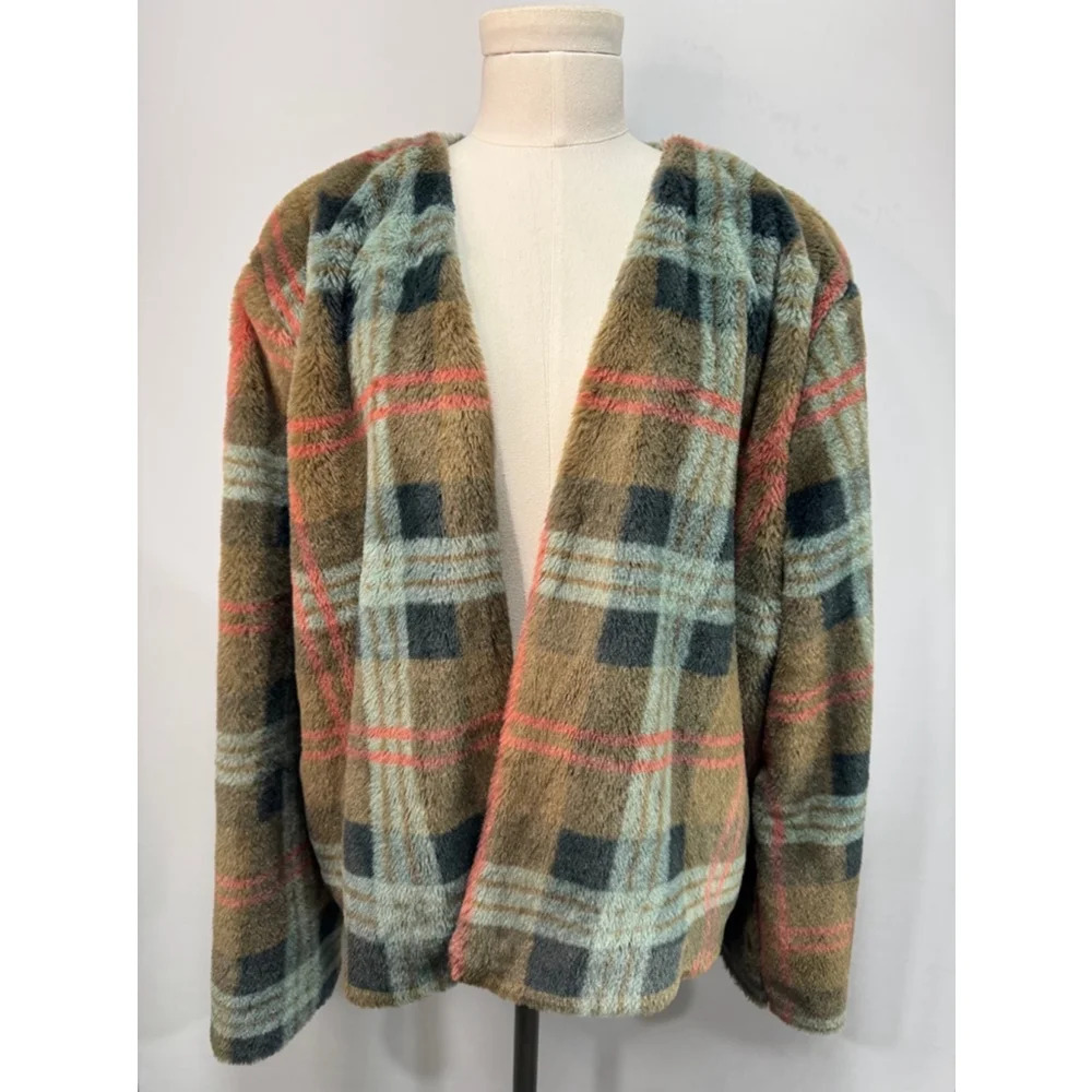 Cato Women's XLarge Faux Fur Blue Brown Pink Plaid Overcoat Barbie Academia